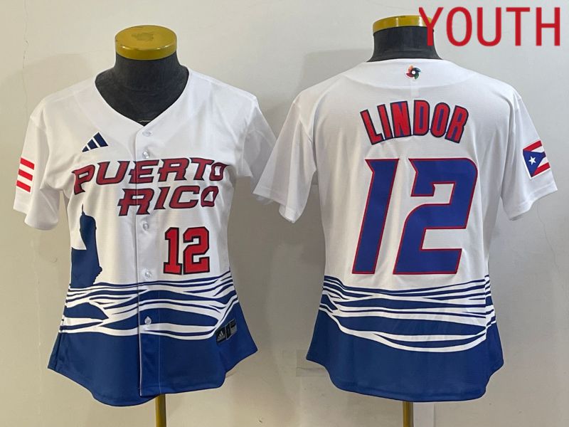 Youth 2023 World Cub Puerto Rico #12 Lindor White MLB Jersey8->youth mlb jersey->Youth Jersey